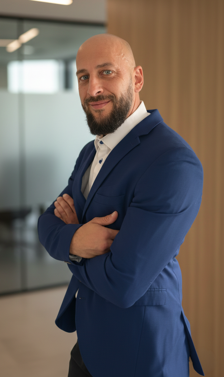 Mann in blauem Anzug steht.