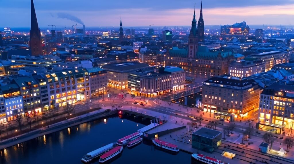 Hamburg bei Nacht mit Lichtern