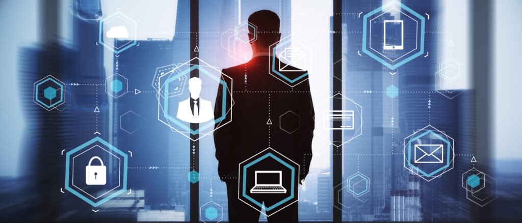 Geschäftsmann mit digitalen Symbolen